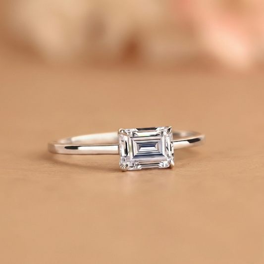 1-3 CT East to West Emerald Cut Lab Diamond Engagement Ring IGI Certified 14k White Gold Solitaire Ring Valentine Day Gift for her.