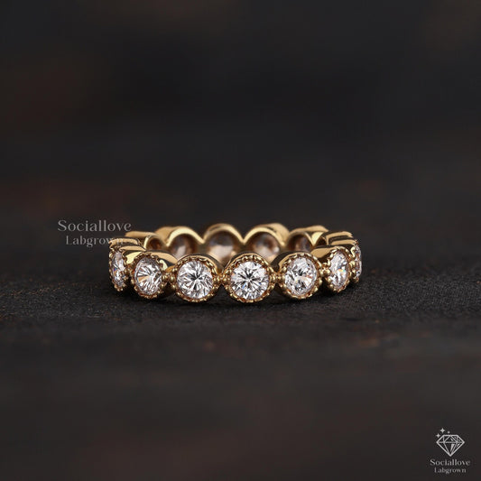 Vintage Style Bezel Set Lab Grown Diamond Eternity Band | 14K Gold Milgrain Chunky Stacking Ring Gift for Women.