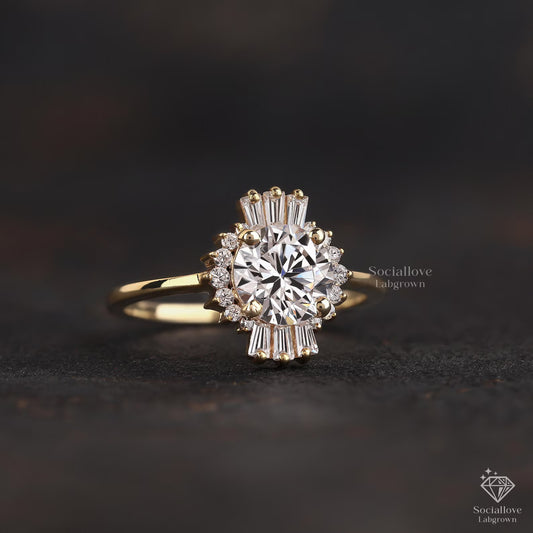 1.3 CT Round Lab Grown Diamond Vintage Halo Engagement Ring | 14K Gold Starburst Wedding Ring Gift for her.