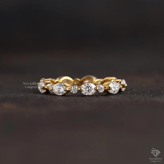 1.58 TW Lab Grown Diamond Wedding Band - Round & Oval Alternate Eternity Ring | Classic Matching & Stacking Comfort Fit for Women.