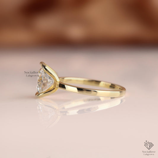 0.5 to 3 CT Round Lab Grown Diamond Engagement Ring | IGI Certified E VS1 | Half Bezel Solitaire Ring in 14K Gold Gift for her.