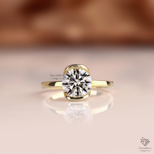 0.5 to 3 CT Round Lab Grown Diamond Engagement Ring | IGI Certified E VS1 | Half Bezel Solitaire Ring in 14K Gold Gift for her.