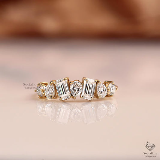 1.19 TW Lab Grown Diamond Multi Shape Wedding Band | Half Eternity Cluster Ring Wedding/Anniversary Gift for Women.
