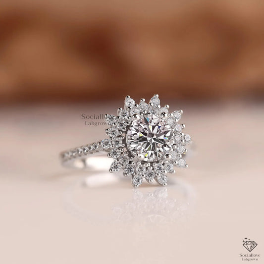 Sunburst Halo Diamond Engagement Ring - 14K Gold - IGI Certified Lab-Grown Brilliant Round Ring Anniversary Gift For Women.