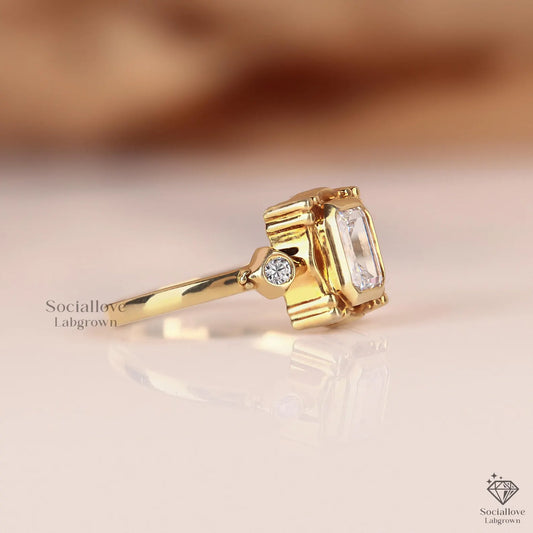 Vintage Art Deco Emerald Cut Engagement Ring | 14K Gold Cathedral IGI Certified Lab Diamond Ring Anniversary Gift for her.