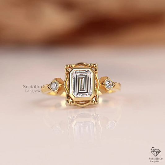 Vintage Art Deco Emerald Cut Engagement Ring | 14K Gold Cathedral IGI Certified Lab Diamond Ring Anniversary Gift for her.