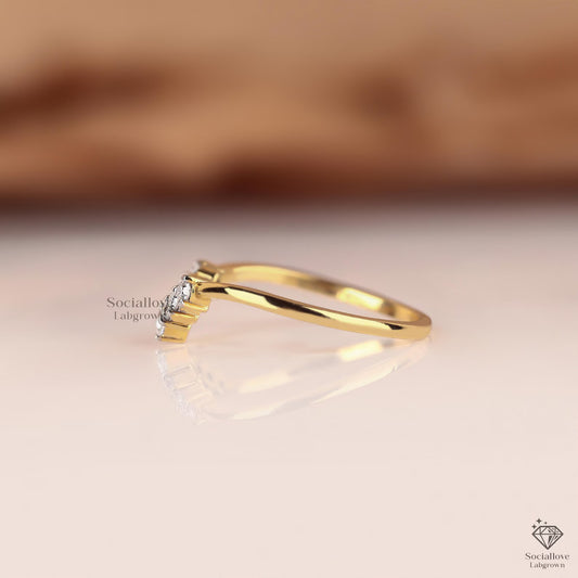Pear & Round Lab Grown Diamond V-Shape Chevron Band | 14K Gold Tiara Curved Wedding Ring | Stackable Half Eternity Anniversary Gift for her.