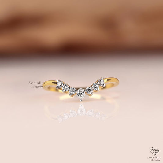 Pear & Round Lab Grown Diamond V-Shape Chevron Band | 14K Gold Tiara Curved Wedding Ring | Stackable Half Eternity Anniversary Gift for her.