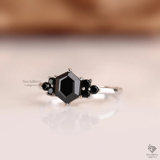 Hexagon Cut Black Lab Grown Diamond Cluster Ring | IGI Certified Bridal Engagement Ring | 14K Gold Gothic Colored Diamond Jewelry Gift for her.