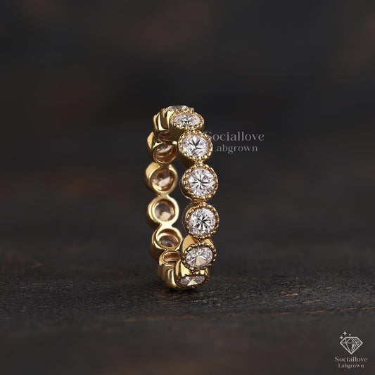 Vintage Style Bezel Set Lab Grown Diamond Eternity Band | 14K Gold Milgrain Chunky Stacking Ring Gift for Women.