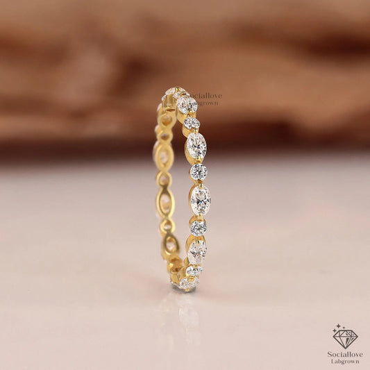 Round & Oval Alternating Lab Diamond Full Eternity Band - Comfort Fit Stacking Wedding Ring Gift for Women.