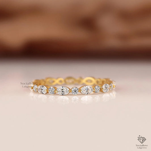 Round & Oval Alternating Lab Diamond Full Eternity Band - Comfort Fit Stacking Wedding Ring Gift for Women.