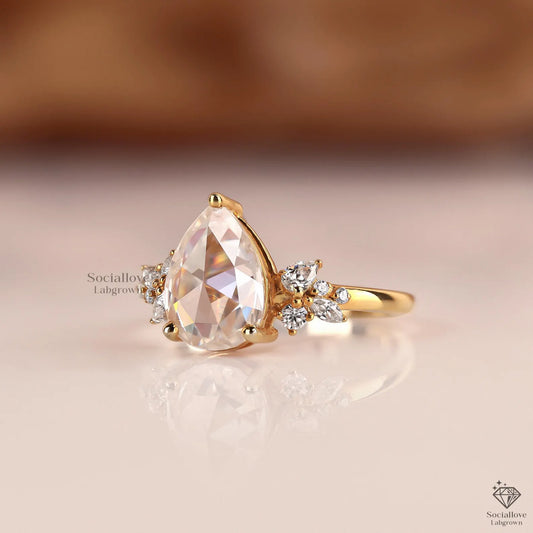 2.00 CT Rose Cut Pear Cluster Engagement Ring - IGI Certified Lab Diamond Bridal Ring - Comfort Fit.