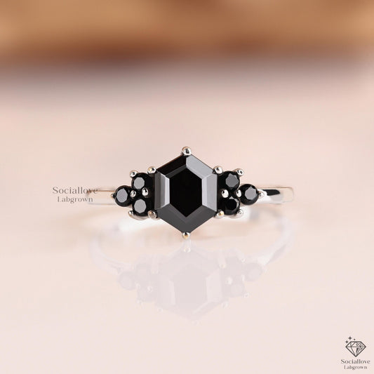 Hexagon Cut Black Lab Grown Diamond Cluster Ring | IGI Certified Bridal Engagement Ring | 14K Gold Gothic Colored Diamond Jewelry Gift for her.