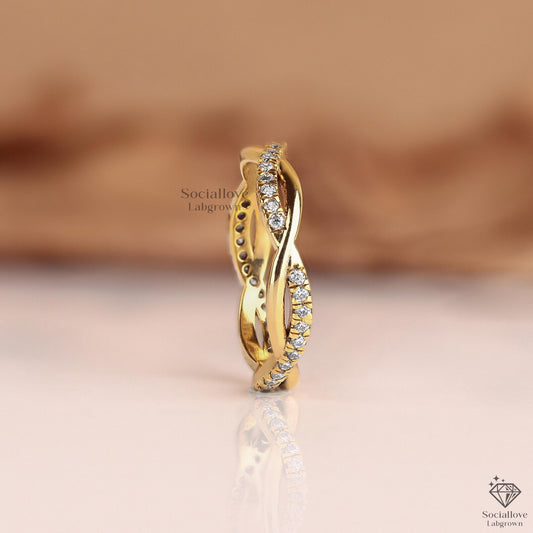 Round Diamond Infinity Twisted Full Eternity Pave Band | 14K Gold Lab Grown Wedding Ring | Delicate Bridal Matching Gift for Her.