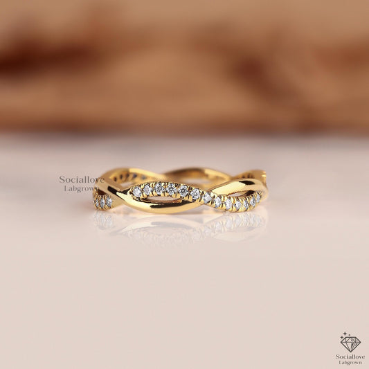 Round Diamond Infinity Twisted Full Eternity Pave Band | 14K Gold Lab Grown Wedding Ring | Delicate Bridal Matching Gift for Her.