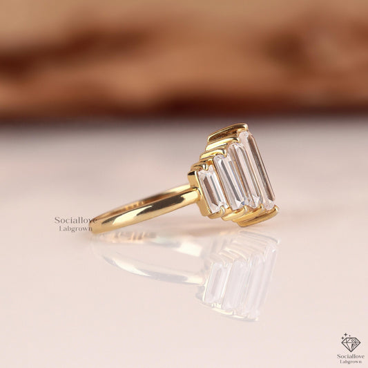 Luxurious Seven Stone Baguette Lab Grown Diamond Engagement Ring | 14K Gold Bar Setting Wedding & Bridal Gift for Women.