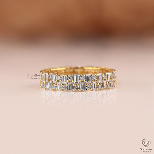Double Row Baguette and Round Lab Grown Diamond Eternity Band | 14K Gold Bridal Wedding Ring | Full Eternity Stackable Gift for Her.
