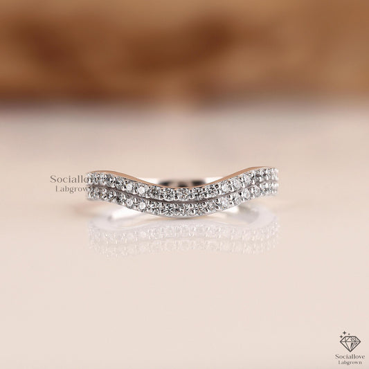 Curved Lab Grown Diamond Wedding Band | Double Row Pave Half Eternity Matching Ring Wedding Band, Anniversary Gift for her.