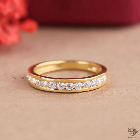 Round Lab Grown Diamond Half Eternity Ring | 14K Yellow Gold Channel Set Wedding Band Anniversary Gift for Women.
