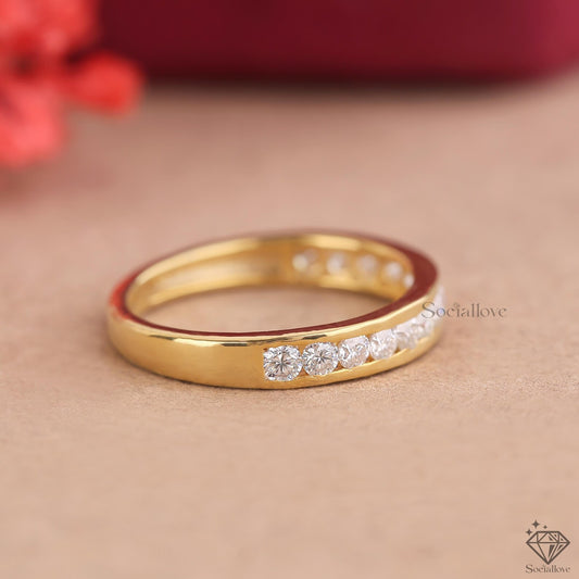 Round Lab Grown Diamond Half Eternity Ring | 14K Yellow Gold Channel Set Wedding Band Anniversary Gift for Women.