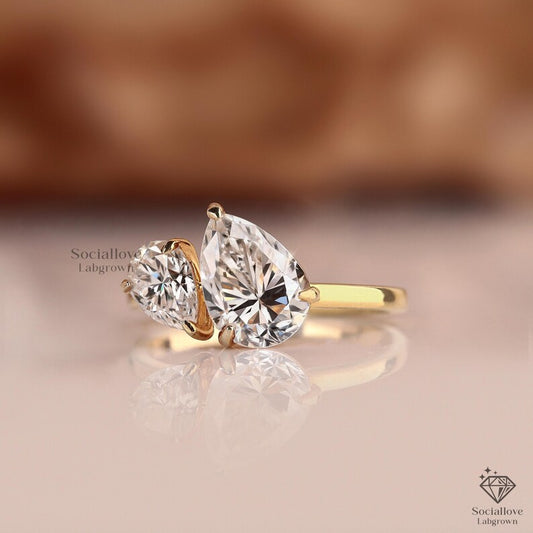 Toi et Moi Double Pear Cut Lab Grown Diamond Ring IGI Certified E VS1 Two-Stone Ring 14K Gold You and Me Engagement Ring Gift for her.