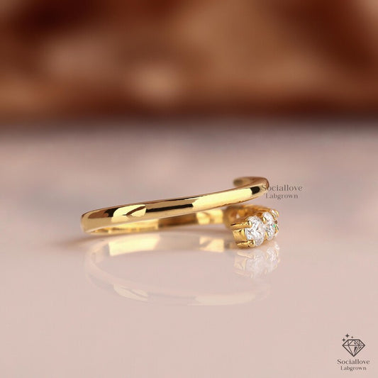 Round Cut Lab Grown Diamond Open Cuff Ring Bypass Wedding Band Unique 14K Gold Stacking Ring Diamond Promise Ring Anniversary Gift for her.