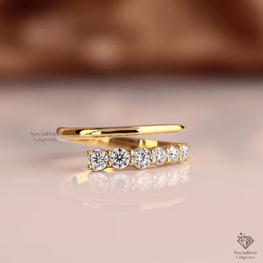 Round Cut Lab Grown Diamond Open Cuff Ring Bypass Wedding Band Unique 14K Gold Stacking Ring Diamond Promise Ring Anniversary Gift for her.