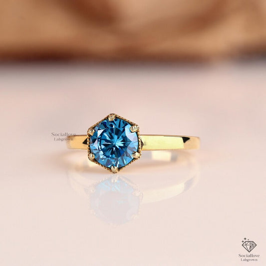 IGI Certified Vivid Blue Lab Grown Diamond Ring - Round Cut Vintage Milgrain Solitaire Engagement Ring in 14K Gold Gift for Women.