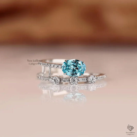 Oval Aqua Blue Lab Grown Diamond Engagement Ring | Double Band Split Shank | IGI Certified Blue Diamond | Handmade Solid Gold Promise Ring Gift for her.