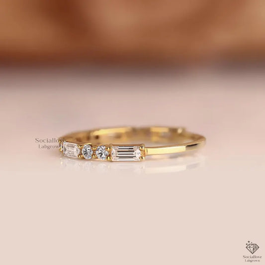 Baguette and Round Diamond Wedding Band, Lab Grown Diamond Half Eternity Ring, 14k Gold Stacking Band, Alternating Bridal Ring, Gift for Her.