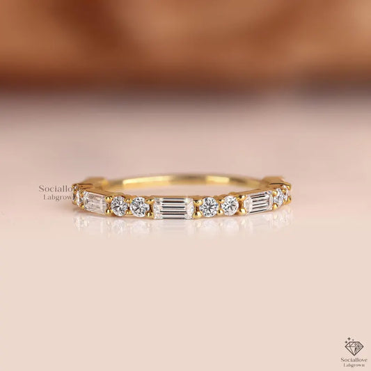 Baguette and Round Diamond Wedding Band, Lab Grown Diamond Half Eternity Ring, 14k Gold Stacking Band, Alternating Bridal Ring, Gift for Her.