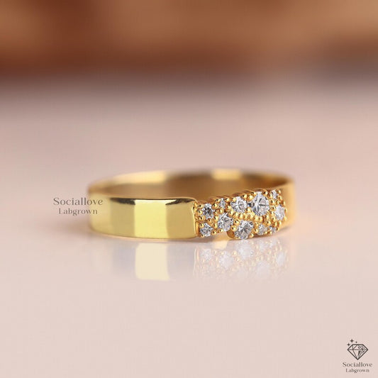 Diamond Cigar Band Ring for Women, Flush Set Lab Grown Diamond Cluster Ring, 14K Gold Wide Wedding Band, Stackable Modern Statement Ring.