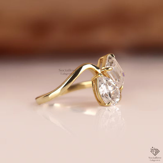 Emerald and Pear Cut Toi Et Moi Engagement Ring - Two Stone Lab Grown Diamond Ring - 14K Gold You and Me Wedding Ring.