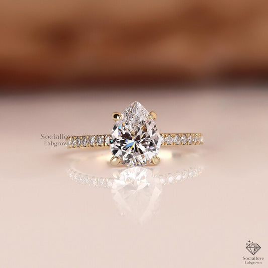 Pear Cut Lab Grown Diamond Engagement Ring - IGI Certified 1-3 CT - Hidden Halo & Pave Set Solitaire - 14K Gold Wedding Ring for Her.