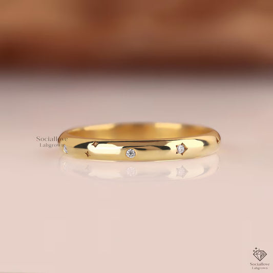 14K Solid Gold Celestial Star and Moon Ring | Flush Set Lab Grown Diamond Band | Minimalist Dainty Engraved Stacking Ring | Sustainable Jewelry Gift for Her.