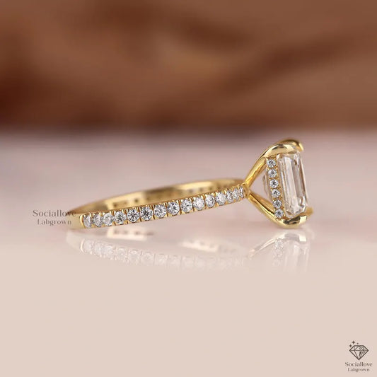 IGI Certified Emerald Cut Lab Grown Diamond Engagement Ring | 0.50 - 3 CT Solitaire | 14K Gold Pave Hidden Halo Wedding Ring | Lab Diamond Ring Anniversary Gift for her.