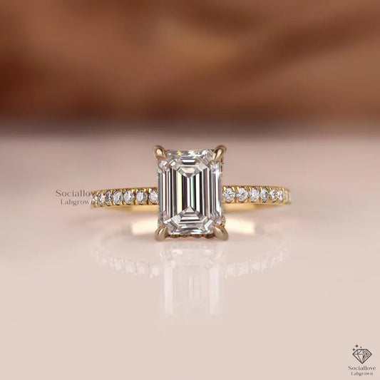 IGI Certified Emerald Cut Lab Grown Diamond Engagement Ring | 0.50 - 3 CT Solitaire | 14K Gold Pave Hidden Halo Wedding Ring | Lab Diamond Ring Anniversary Gift for her.