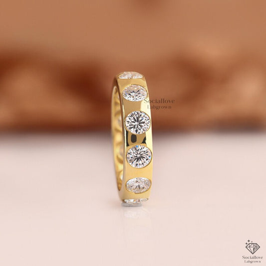 Flush Set Lab Grown Diamond Band, 14K Gold Wide Dome Etoile Ring, Round Diamond Wedding Band, Comfort Fit Ring, Bezel Style Ring For Gift