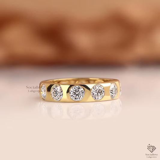 Flush Set Lab Grown Diamond Band, 14K Gold Wide Dome Etoile Ring, Round Diamond Wedding Band, Comfort Fit Ring, Bezel Style Ring For Gift