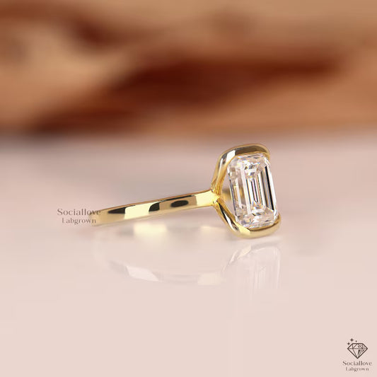 Half Bezel Emerald Cut Lab Diamond Engagement Ring IGI Certified 0.5 to 3 CT Solitaire 14K Gold Minimalist Wedding Ring Modern Handmade Ring for Her.