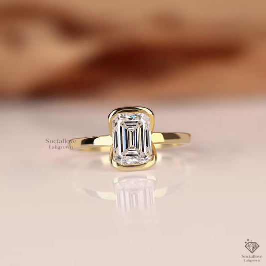 Half Bezel Emerald Cut Lab Diamond Engagement Ring IGI Certified 0.5 to 3 CT Solitaire 14K Gold Minimalist Wedding Ring Modern Handmade Ring for Her.