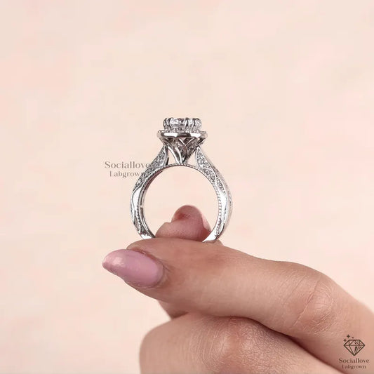 Round Lab Grown Diamond Halo Engagement Ring Art Deco Pave Diamond Band Double Claw Prong Wedding Ring Solid 14K Gold Vintage Style Bridal Ring Gift for her.
