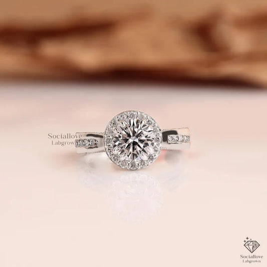 Round Lab Grown Diamond Halo Engagement Ring Art Deco Pave Diamond Band Double Claw Prong Wedding Ring Solid 14K Gold Vintage Style Bridal Ring Gift for her.