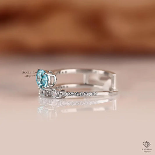 Oval Aqua Blue Lab Grown Diamond Engagement Ring | Double Band Split Shank | IGI Certified Blue Diamond | Handmade Solid Gold Promise Ring Gift for her.