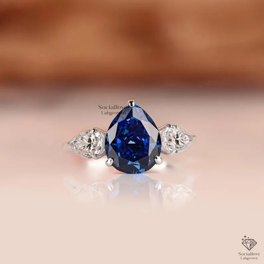 Pear Cut Blue Lab Grown Diamond Three Stone Ring | IGI Certified Sapphire Blue Teardrop Engagement Ring | 14K Gold Handmade Anniversary Gift for her.