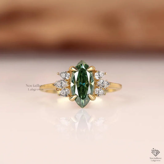 Vintage Green Marquise Lab Grown Diamond Ring | IGI Certified Bluish-Green Cluster Engagement Ring | 14K Gold Anniversary Gift for her.