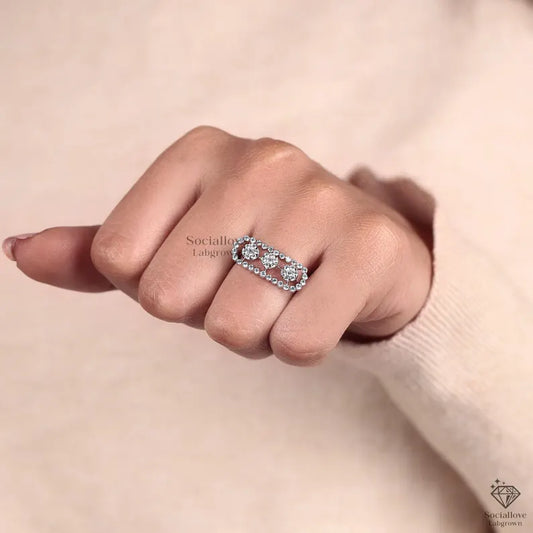 Triple Halo Cluster Lab Grown Diamond Ring Round Cut Rectangular Statement Ring 14K Gold Pave Wide Band Engagement Ring Gift for her.