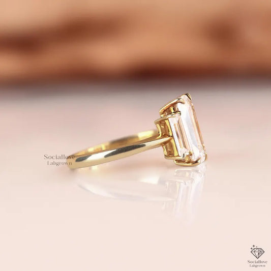 Elongated Emerald Cut Lab Grown Diamond Engagement Ring Three Stone Step Cut Lab Diamond Ring in 14K Gold IGI Certified Custom Anniversary Gift for Her.