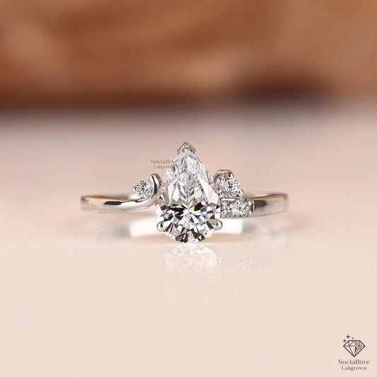 Pear Shaped Lab Grown Diamond Engagement Ring - IGI Certified Solitaire - 14K Gold Cluster Wedding Band - Bridal Anniversary Gift for her.